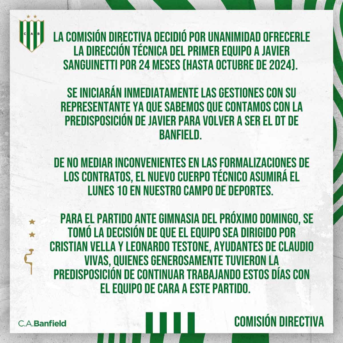 comunicado oficial club banfield regreso de sanguinetti