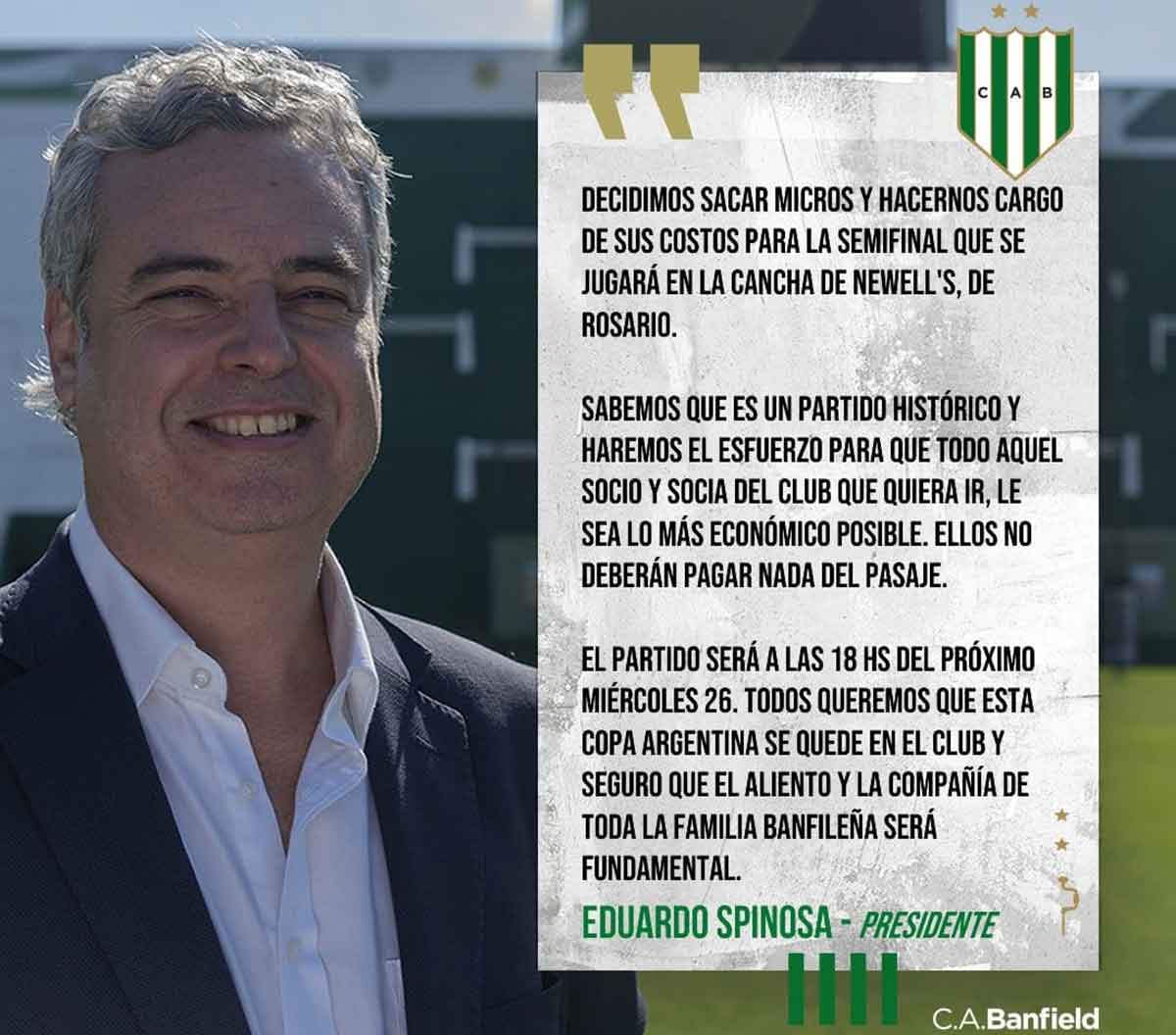 eduardo spinosa comunico que banfied pondra micros gratis para la semifinal ante talleres