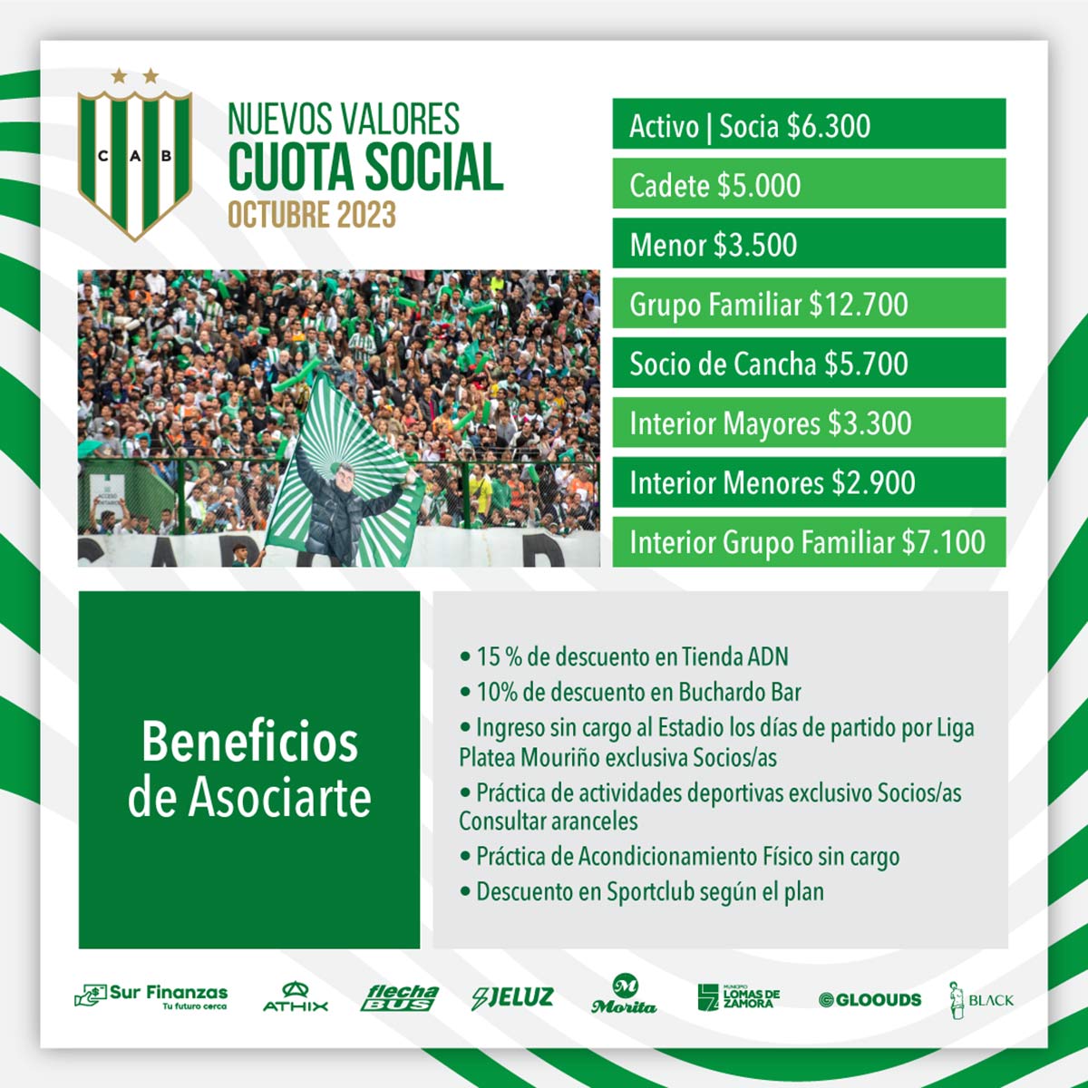 valores de la cuota social del club atletico banfield a partir de octubre de 2023